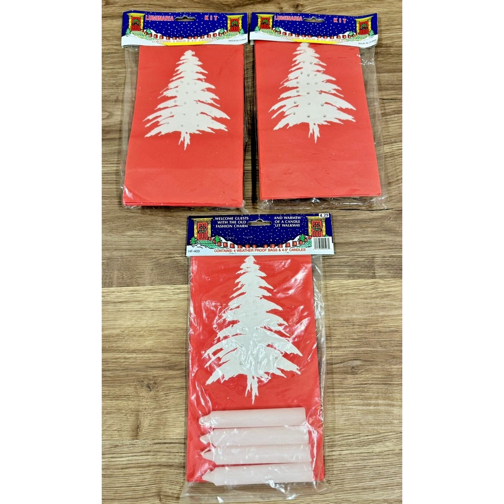 Vintage Christmas Luminaria Kit Lot 3 Red Tree Bags Candles NOS Holiday Decor